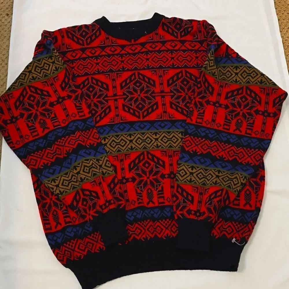 Vintage Obermeyer Wool Blend Snowflake Print Ski Crewneck Sweater Mens XL‎